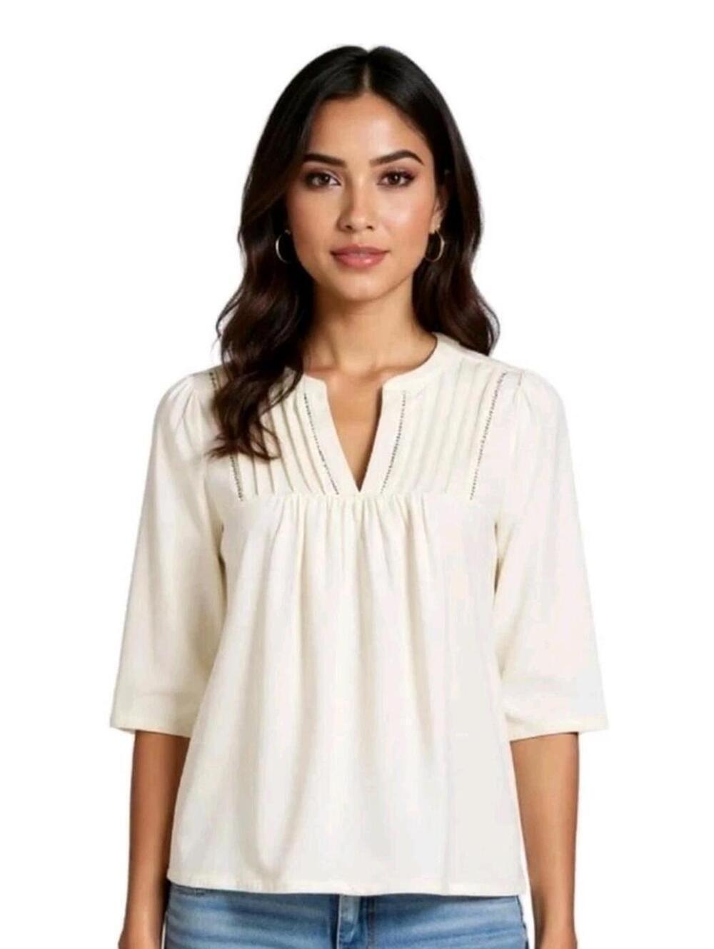 Lands End NWT Women's Top 3/4 Sleeves Ivory  Lightweight Lattice Size 2XL Plus